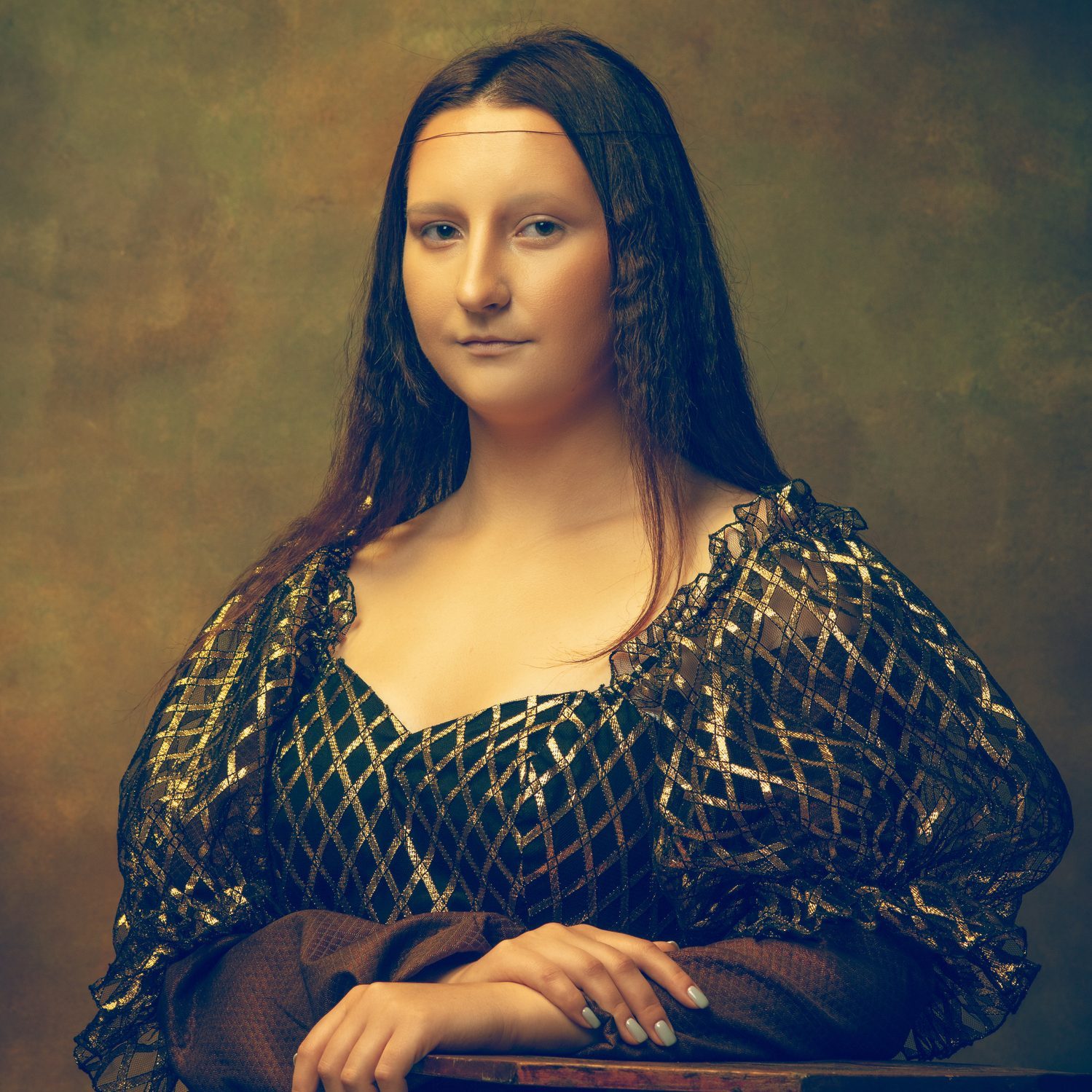 Young woman as Mona Lisa on dark background. Retro style, comparison of eras concept.