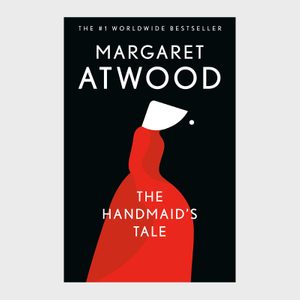 Red cloaked silhouette stands, wearing white bonnet, against black background. Text reads, 