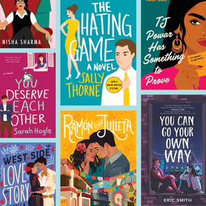 Six colorful book covers showcase romantic themes, featuring diverse couples and playful fonts. Titles include 