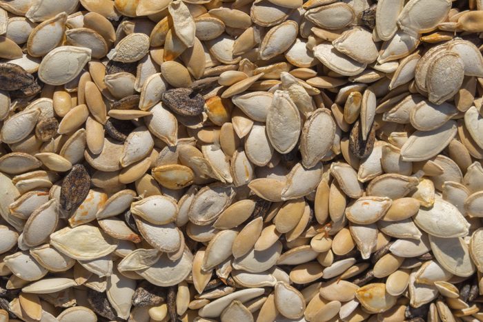 A picture from above of mixed pumpkin and melon seeds.