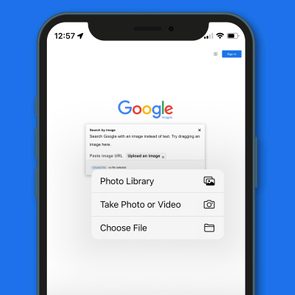 Smartphone screen displays Google Images search options overlay; backdrop features search bar with text prompts, including 
