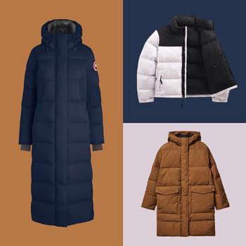 Three puffer jackets displayed: long navy coat, short black-and-white jacket, brown mid-length coat, set against colored backgrounds.