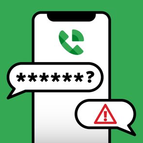 Phone displays abstract icon; speech bubbles show obscured password and warning sign, set against green background.