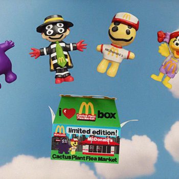 Toys featuring McDonald's characters float against a cloudy sky backdrop. A green Cactus Plant Flea Market box is below, labeled "limited edition!"