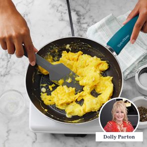 A spatula stirs scrambled eggs in a pan on a marble counter. A small photo of a woman in a red outfit is inset.
