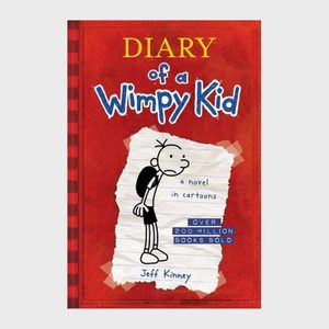 Book cover features a cartoon boy standing, wearing a backpack, set against ripped notebook paper on a red background. Title: 