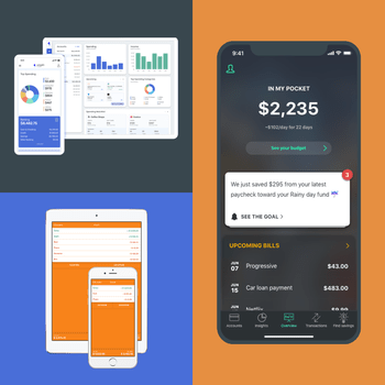 Digital devices display financial management apps showing graphs, spending summaries, and notifications against colorful backgrounds to illustrate budgeting and expense tracking features.