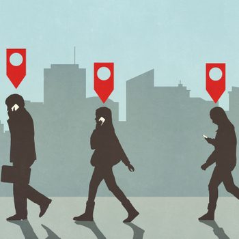Silhouetted figures walk, use phones, against a city skyline. Red map markers hover above each person, indicating tracking or navigation.