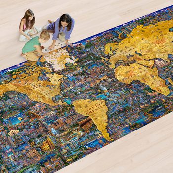 Children assemble a large world map puzzle on a light wooden floor, showcasing vibrant continents labeled with countries, surrounded by intricate illustrations of landmarks.