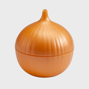 Orange plastic onion-shaped container sits closed on a neutral background.