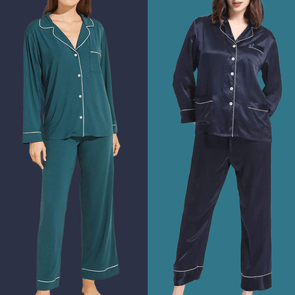 Two models wear button-up pajamas; one in teal, one in navy. Both have contrast piping details, standing against a split background of dark and light blue.
