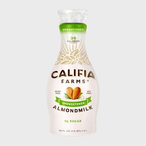 A bottle features almond milk branding, displaying 