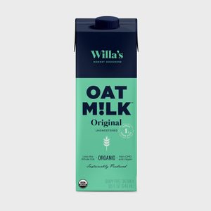 Carton stands upright, displaying text about oat milk. Context suggests organic, non-GMO features, with a light blue and green color scheme.