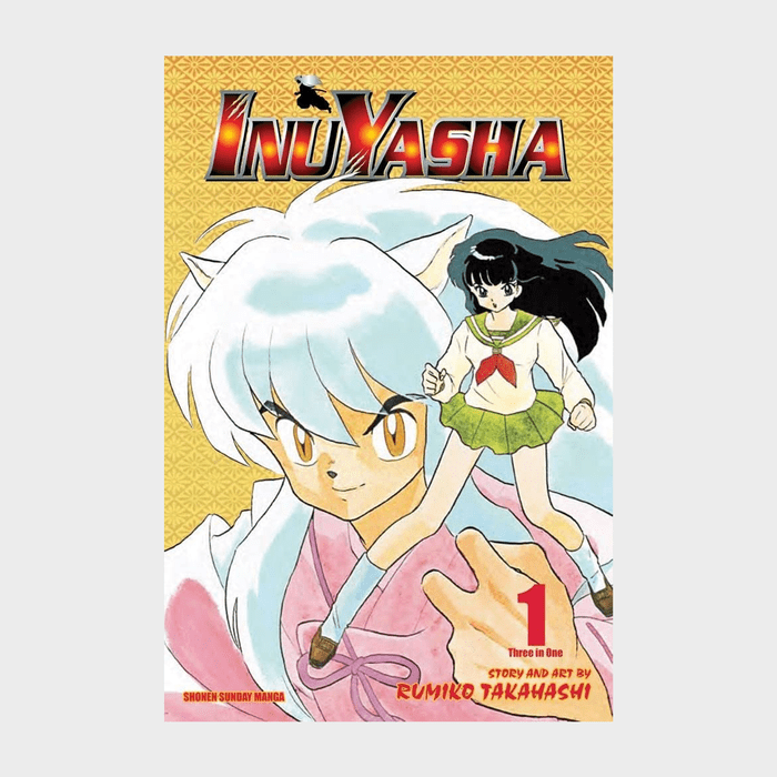 Anime characters posed dynamically; silver-haired figure in background, dark-haired girl in school uniform foreground; yellow patterned backdrop. Text: 