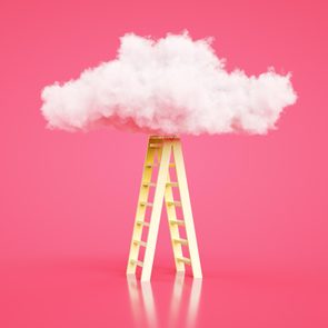 A ladder supports a fluffy white cloud against a solid pink background.