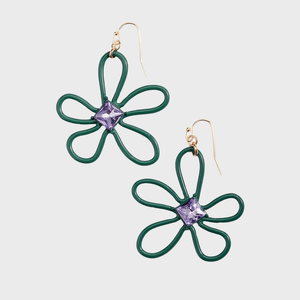 Green wire flower earrings with purple gem centers, displayed against a plain white background.
