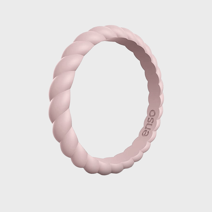 A twisted pink silicone ring, embossed with 