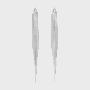 Long, silver chain earrings hang gracefully against a plain white background.