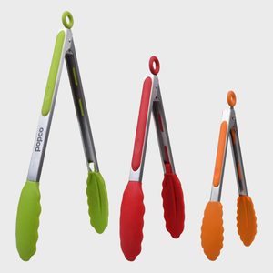 Three silicone-tipped kitchen tongs stand upright, differing in size and color, against a plain background. Text reads 