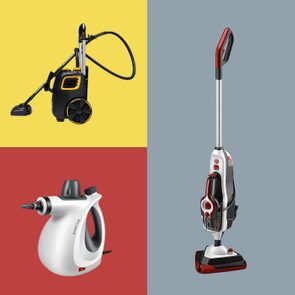 Three cleaning devices are displayed; black-yellow vacuum on yellow, white handheld steamer labeled 