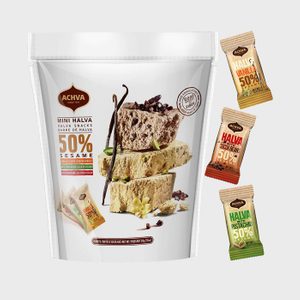 Halva snacks displayed on a white package, featuring stacked pieces. Text reads 