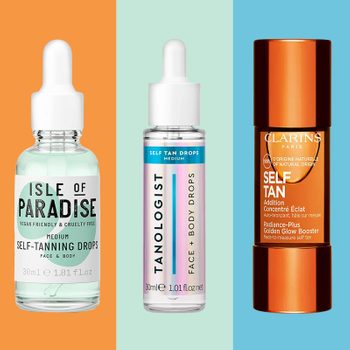 Bottles of self-tan drops are displayed against colorful backgrounds, each labeled for tanning and facial use.