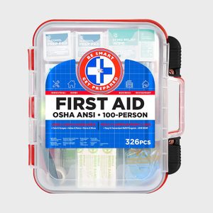 First aid kit containing supplies within a transparent plastic case, labeled for 100 people, suitable for industrial, home, business, and restaurant environments.