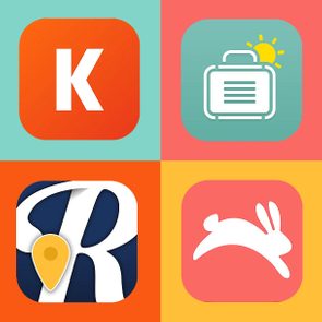 Four colorful app icons with travel themes: orange 