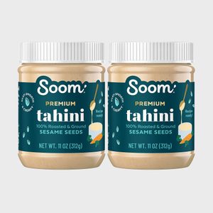 Two jars of Soom Premium Tahini, labeled 
