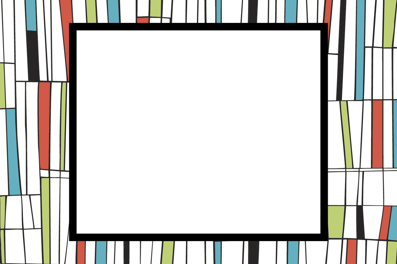 White rectangle bordered by black lines, surrounded by multicolored vertical stripes in red, blue, green, and black, creating a geometric frame.