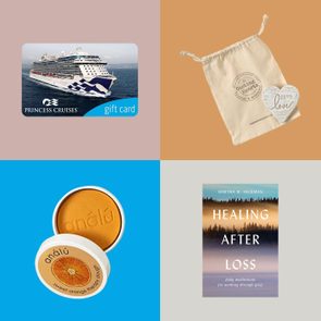 A cruise gift card shows a ship; tote bag with coaster, heart token; therapy dough tub; book titled 