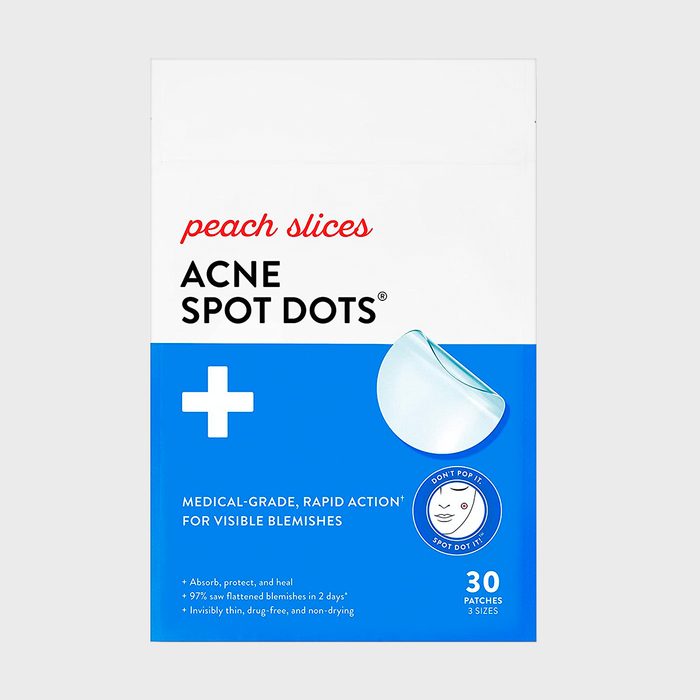 Package displays acne patches; promises rapid action for visible blemishes. Text includes: 