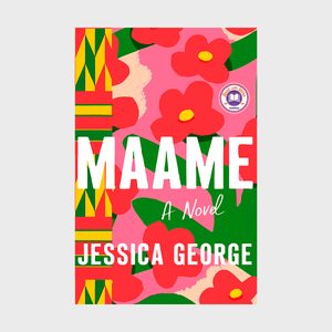 Book cover illustrates red flowers on a pink and green background, with bold text reading 