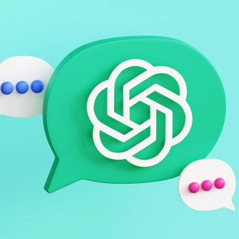 Green speech bubble with intertwined design, central and large. Two smaller white speech bubbles with colored dots, floating in blue background.