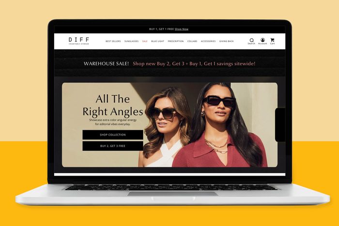 A laptop displays a sunglasses sales webpage; two women model sunglasses. Text includes 