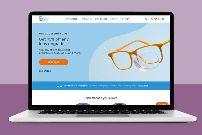 Laptop displays eyeglasses advertisement offering 75% off lens upgrades with various options, set against a blue and purple background in an online store.