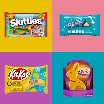 Candy packages lie on bright quadrants: Skittles on yellow, Kisses on pink, Kit Kat on purple, and Dove chocolate bunny on blue.