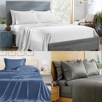 Beds showcase elegant sheets in various colorsâ€”white, navy blue, grayâ€”in modern bedrooms with wooden headboards, plants, and simple decor.