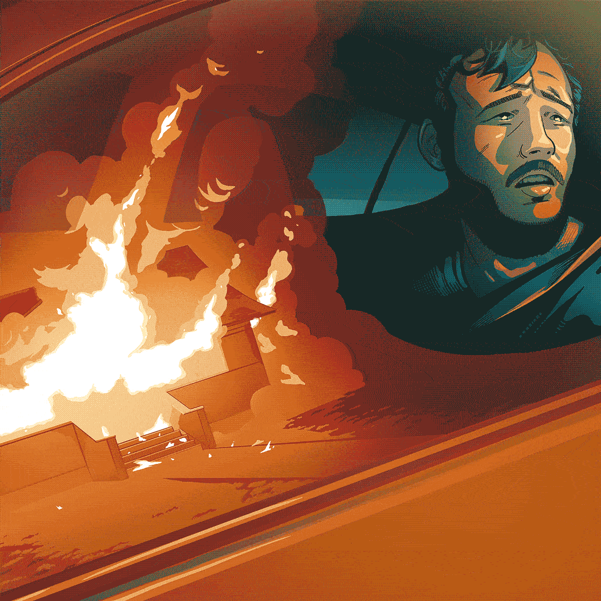 Person looking shocked from car window at a burning building with large flames and smoke in the background.