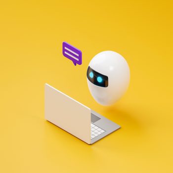 Robot head communicates with a laptop, emitting a purple speech bubble; set on a bright yellow background.