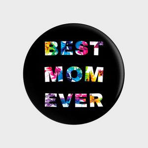 Round button displays colorful floral letters reading 