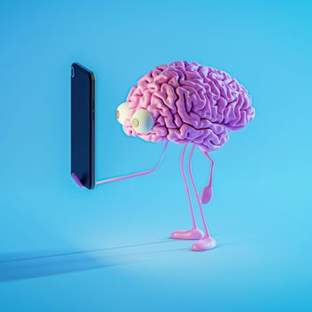 A cartoon brain with eyes holds and looks at a smartphone, standing in a blue, minimalist environment.