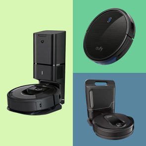 Robotic vacuums displayed against colored backgrounds; one docked with a base station, another shown alone, highlighting different models and features within the context.