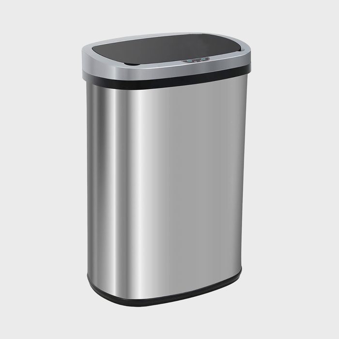 Stainless steel trash can stands on a plain white background.