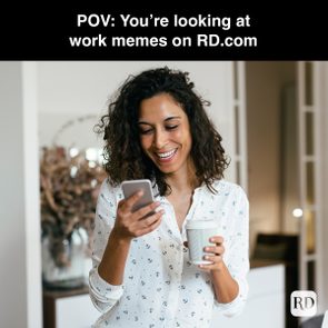 Woman smiling at phone, holding coffee cup, inside home or office setting. Text reads: 