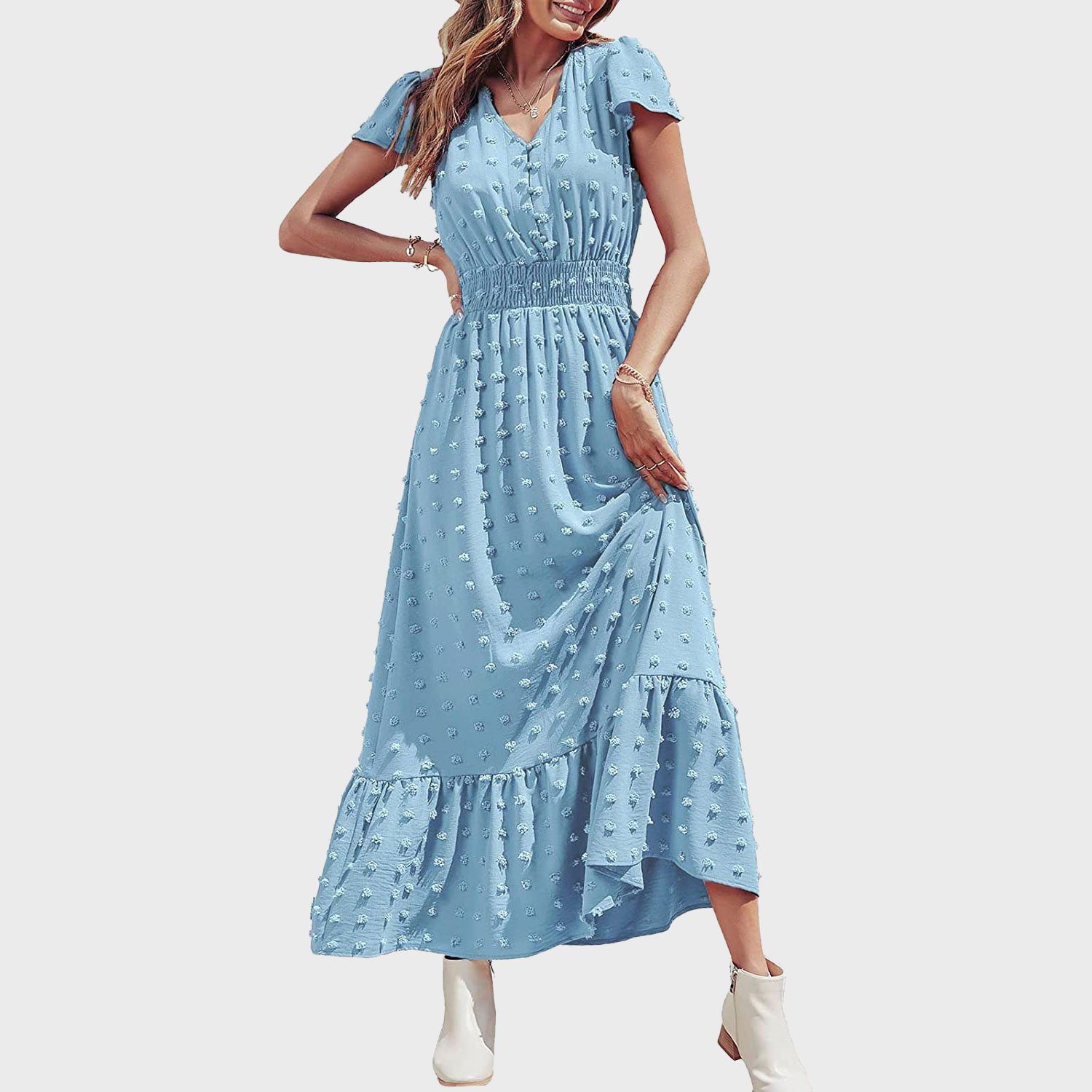 Prettygarden Womens Dresses Boho Dress Short Sleeve V Neck Swiss Dot Ruffle Tiered Maxi Dress Smocked Cocktail Dress
