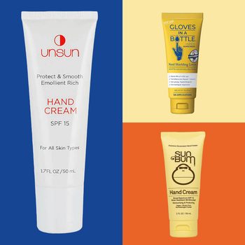 Three tubes of hand cream with SPF stand against colorful backgrounds: blue, yellow, and orange. Each tube has distinct logos and text.