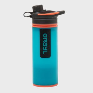 Turquoise water bottle stands upright, featuring a black flip-top lid and orange accents, with 
