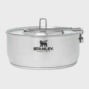 Metal pot resting with handle folded, featuring 