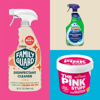 Three cleaning products displayed: a trigger spray disinfectant on pink, a shower foamer spray on beige, and a cleaning paste tub on blue.